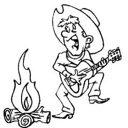 Dibujo de Vaquero toca la guitarra junto a la fogata para colorear