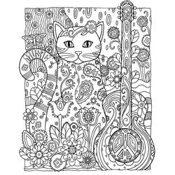 Dibujo de Gato sentado junto a una guitarra floral para colorear