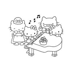Dibujo de Hello Kitty toca el piano con sus amigas para colorear