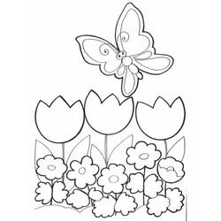 Dibujo de Mariposa volando sobre tulipanes y flores para colorear