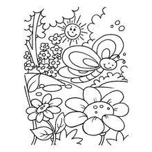 Dibujo de Mariposa y flores bajo un sol sonriente para colorear