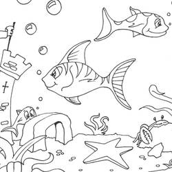 Dibujo de Peces nadando junto a un castillo hundido en el fondo marino para colorear