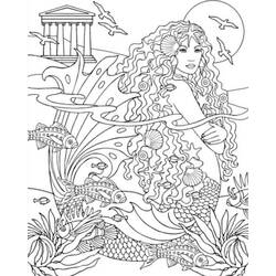 Dibujo de Sirena de cabellera ondulante junto a un templo antiguo para colorear