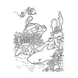 Dibujo de Tiburón y submarino en el fondo marino para colorear