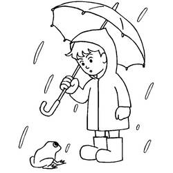 Dibujo de Niño con paraguas mirando una rana bajo la lluvia para colorear