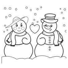 Dibujo de Muñeco de nieve en pareja junto a un corazón para colorear