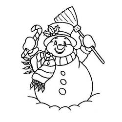 Dibujo de Muñeco de nieve con bastón de caramelo y escoba para colorear