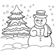 Dibujo de Muñeco de nieve junto a un pino para colorear
