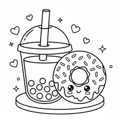 Dibujo de Bubble Tea con donut kawaii para colorear Dibujo de Bubble Tea con donut kawaii para colorear