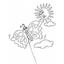 Dibujo de Cometa mariposa volando junto a un sol sonriente para colorear Dibujo de Cometa mariposa volando junto a un sol sonriente para colorear