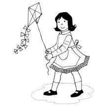 Dibujo de Niña sosteniendo cometa con vestido de delantal para colorear Dibujo de Niña sosteniendo cometa con vestido de delantal para colorear