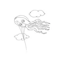 Dibujo de Cometa con forma de pez volando entre nubes para colorear Dibujo de Cometa con forma de pez volando entre nubes para colorear