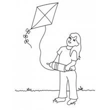 Dibujo de Niña volando una cometa en el campo para colorear Dibujo de Niña volando una cometa en el campo para colorear
