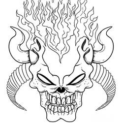 Dibujo de Calavera demoníaca con cuernos y llamas para colorear
