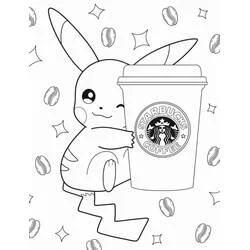 Dibujo de Pikachu guiña un ojo con vaso de café para colorear