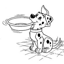 Dibujo de Cachorro de 101 Dálmatas sentado junto a su plato para colorear