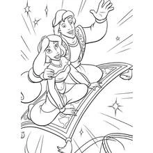 Dibujo de Aladino y Jasmine en la alfombra mágica para colorear