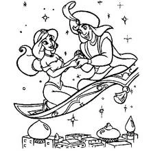 Dibujo de Aladino y Jasmine sobre la alfombra mágica para colorear