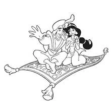 Dibujo de Aladino y Jasmine en la alfombra mágica para colorear