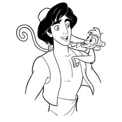 Dibujo de Aladino sonriendo con Jabu el mono en el hombro para colorear