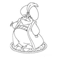 Dibujo de Sultán de Aladino de pie sobre una alfombra para colorear