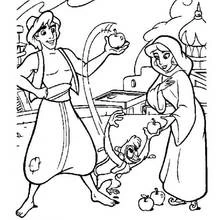 Dibujo de Aladino ofreciendo manzanas con Jasmine y Abu para colorear