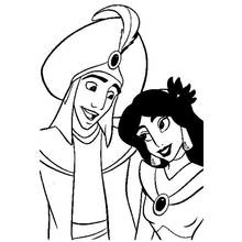 Dibujo de Aladino y Jazmín sonriendo juntos para colorear