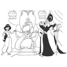 Dibujo de Jafar, el Sultán y Jasmine en la sala del trono para colorear