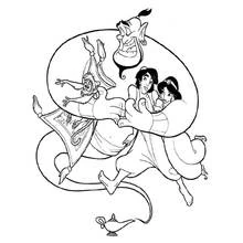 Dibujo de Aladino, Jasmine, el Genio y Abu en la alfombra mágica para colorear