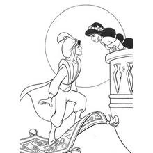Dibujo de Aladino en la alfombra mágica visitando a Jasmín para colorear