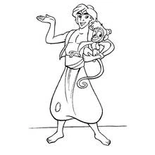 Dibujo de Aladino sosteniendo al mono Abú para colorear