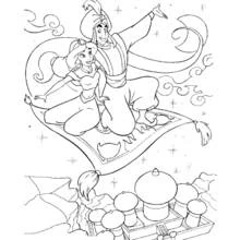Dibujo de Aladino y Jasmine en la alfombra mágica para colorear