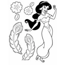 Dibujo de Jasmine bailando junto a plumas y flores para colorear