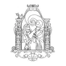Dibujo de Jack Skellington y Sally en un marco ornamentado para colorear Dibujo de Jack Skellington y Sally en un marco ornamentado para colorear