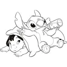 Dibujo de Stitch tumbado sobre Lilo con un biberón para colorear