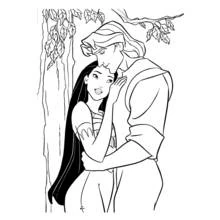 Dibujo de Pocahontas compartiendo un momento tierno con John Smith para colorear Dibujo de Pocahontas compartiendo un momento tierno con John Smith para colorear