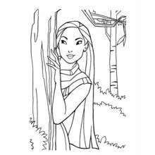 Dibujo de Pocahontas apoyada en un árbol en el bosque para colorear Dibujo de Pocahontas apoyada en un árbol en el bosque para colorear