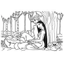 Dibujo de Pocahontas sentada con John Smith en el bosque para colorear Dibujo de Pocahontas sentada con John Smith en el bosque para colorear