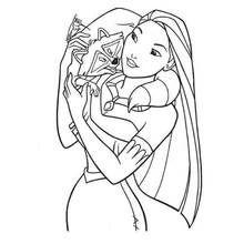 Dibujo de Pocahontas abrazando a Meeko desde el pecho para colorear Dibujo de Pocahontas abrazando a Meeko desde el pecho para colorear