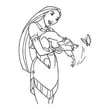 Dibujo de Pocahontas con una mariposa y su larga melena para colorear Dibujo de Pocahontas con una mariposa y su larga melena para colorear