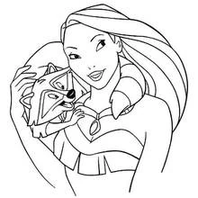 Dibujo de Pocahontas sosteniendo a Meeko el mapache para colorear Dibujo de Pocahontas sosteniendo a Meeko el mapache para colorear