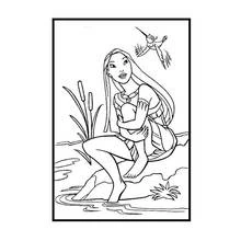 Dibujo de Pocahontas agachada junto al río con Flit para colorear Dibujo de Pocahontas agachada junto al río con Flit para colorear