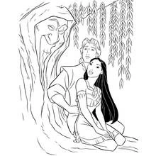 Dibujo de Pocahontas con John Smith junto a Abuela Sauce para colorear Dibujo de Pocahontas con John Smith junto a Abuela Sauce para colorear