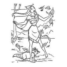 Dibujo de Pocahontas bailando entre las hojas para colorear Dibujo de Pocahontas bailando entre las hojas para colorear