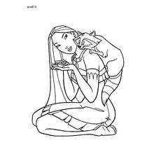 Dibujo de Pocahontas sentada con Meeko el mapache para colorear Dibujo de Pocahontas sentada con Meeko el mapache para colorear