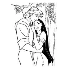 Dibujo de Pocahontas y John Smith en un abrazo tierno para colorear Dibujo de Pocahontas y John Smith en un abrazo tierno para colorear