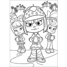 Dibujo de Vanellope junto a dos amigas con platillos para colorear