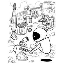 Dibujo de WALL-E rodeado de varios robots para colorear