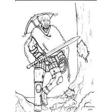 Dibujo de Guerrero caminando con espada y hacha para colorear