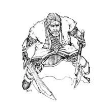 Dibujo de Guerrero blandiendo dos espadas para colorear